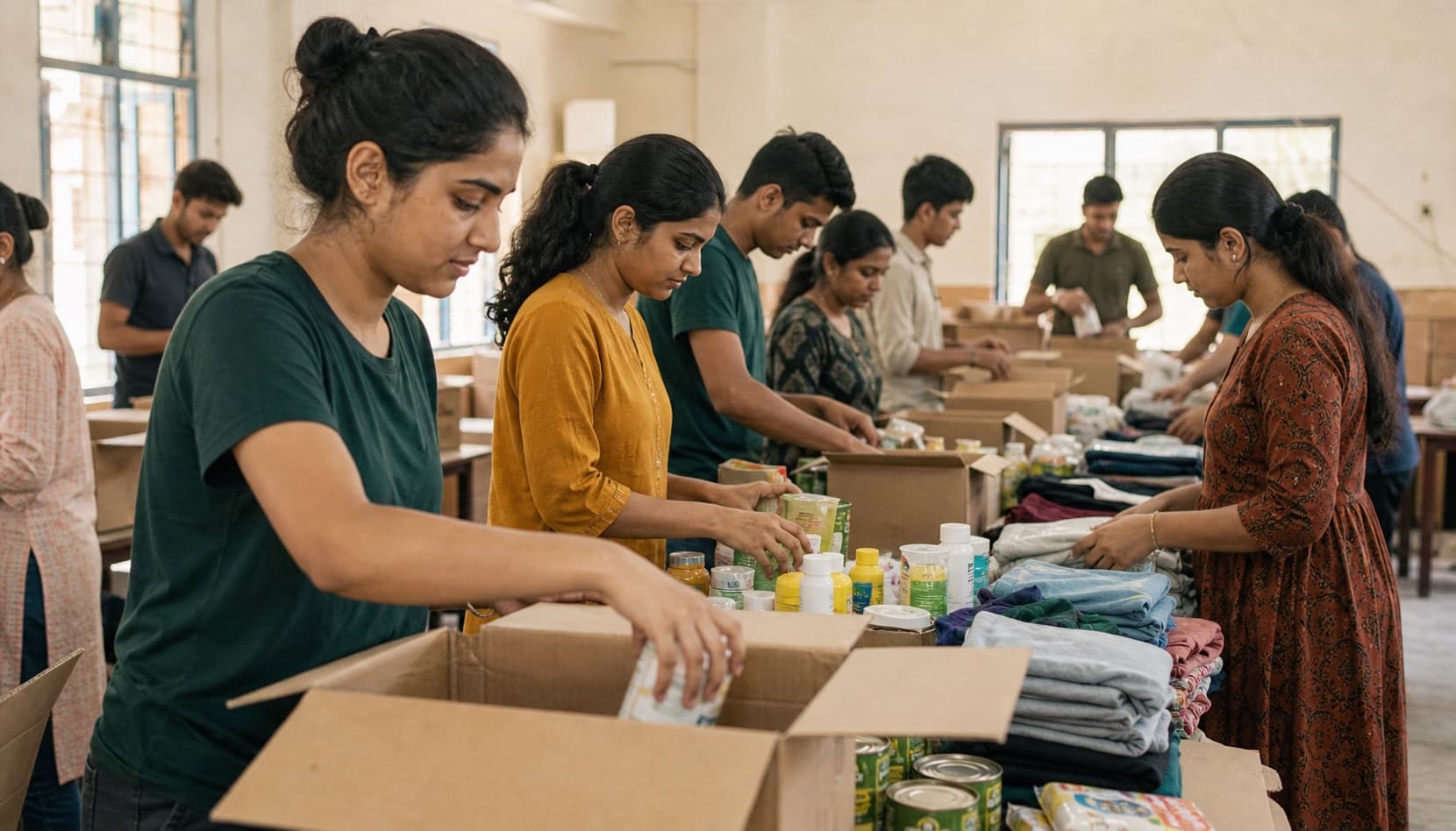 Young volunteers packing food, clothing and care supplies together