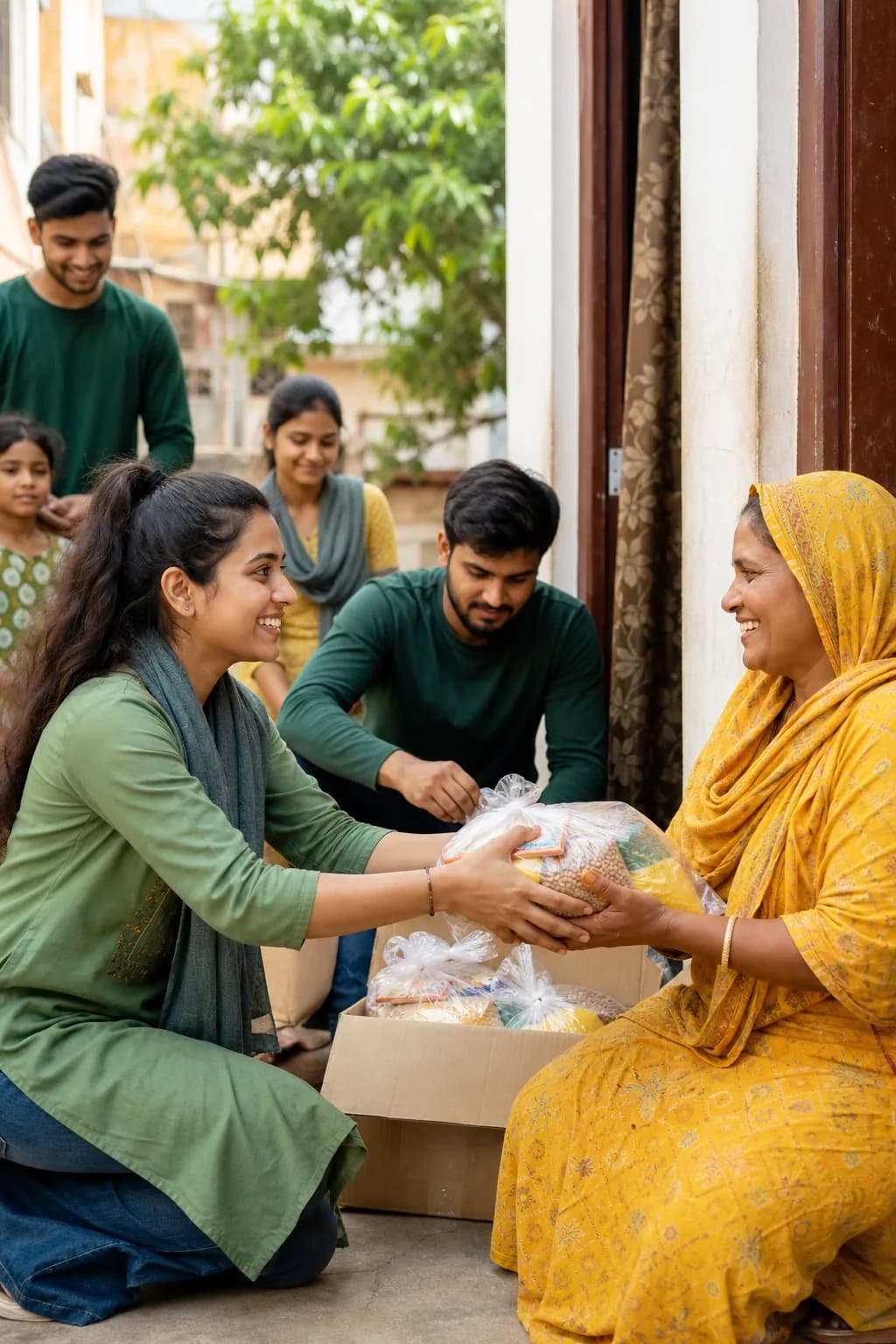 Young HumanHood volunteers sharing a care kit with a community member