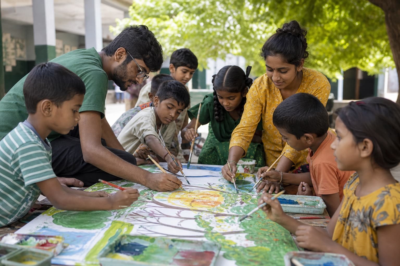 Children and young volunteers creating community artwork together